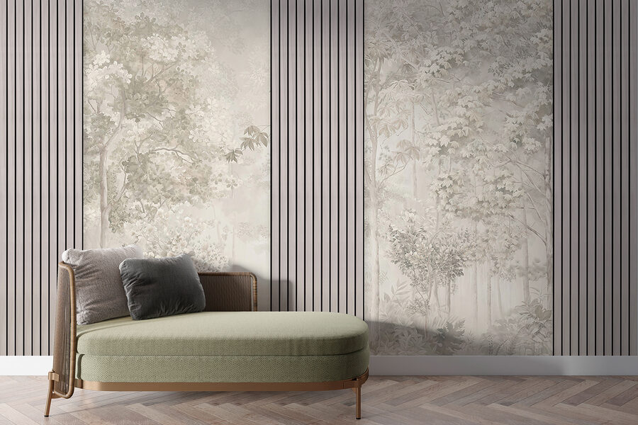 Um papel de parede com árvores e flores Um papel de parede com árvores e flores