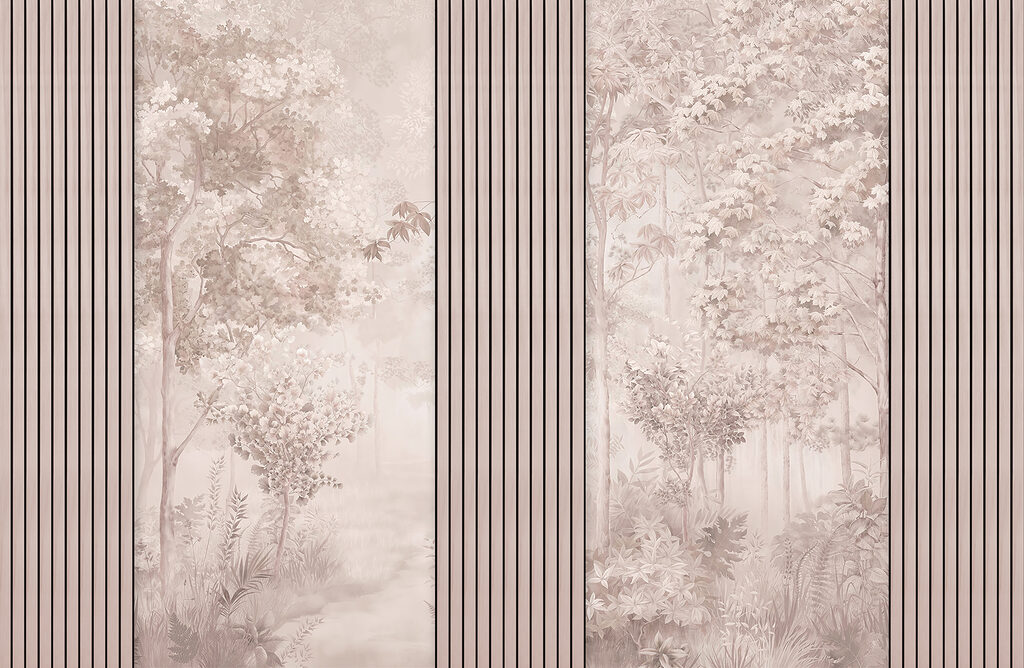 Um papel de parede com árvores e flores Um papel de parede com árvores e flores
