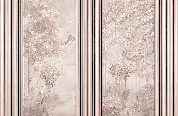 Um papel de parede com árvores e flores Um papel de parede com árvores e flores