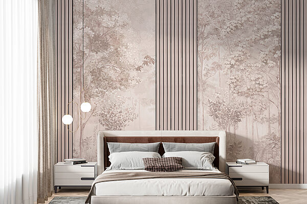 Um papel de parede com árvores e flores Um papel de parede com árvores e flores