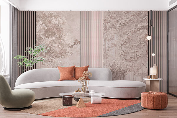Um papel de parede com árvores e flores Um papel de parede com árvores e flores