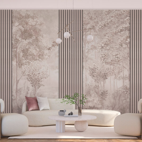 Um papel de parede com árvores e flores Um papel de parede com árvores e flores