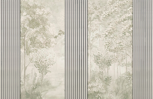 Um papel de parede com árvores e flores Um papel de parede com árvores e flores