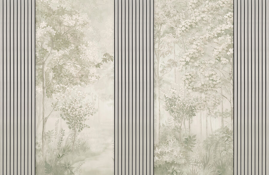 Um papel de parede com árvores e flores