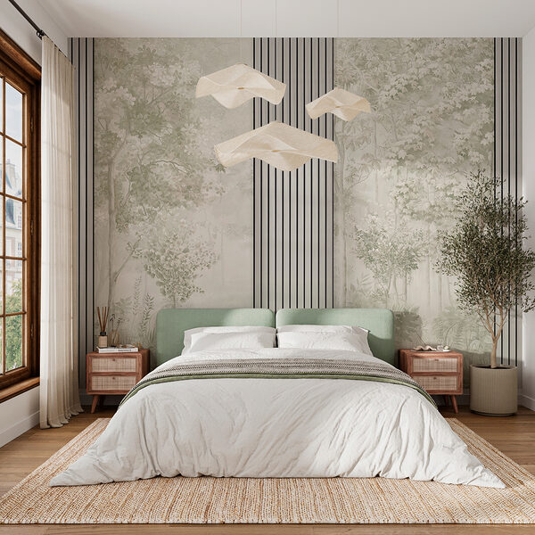 Um papel de parede com árvores e flores Um papel de parede com árvores e flores
