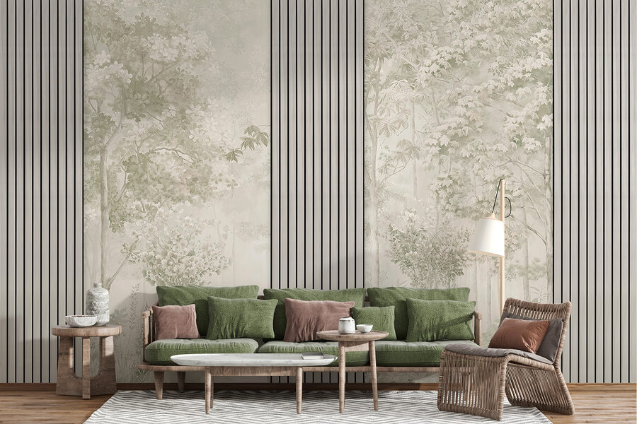 Um papel de parede com árvores e flores