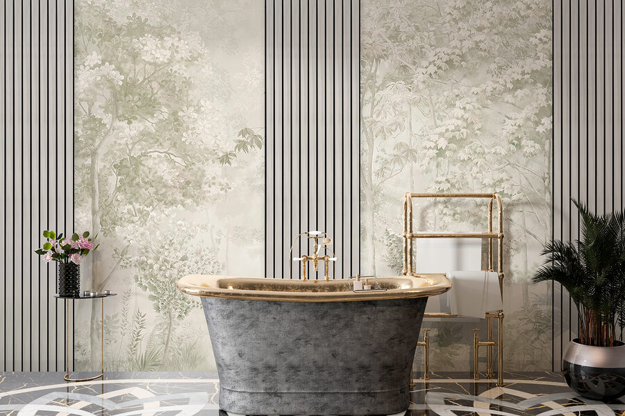 Um papel de parede com árvores e flores