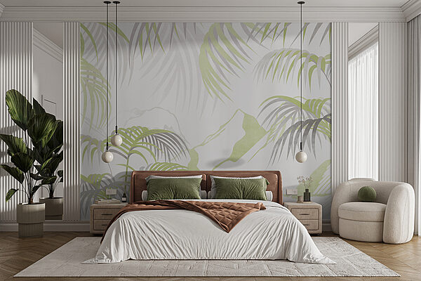 Um fundo branco e verde com folhas de palmeira Um fundo branco e verde com folhas de palmeira