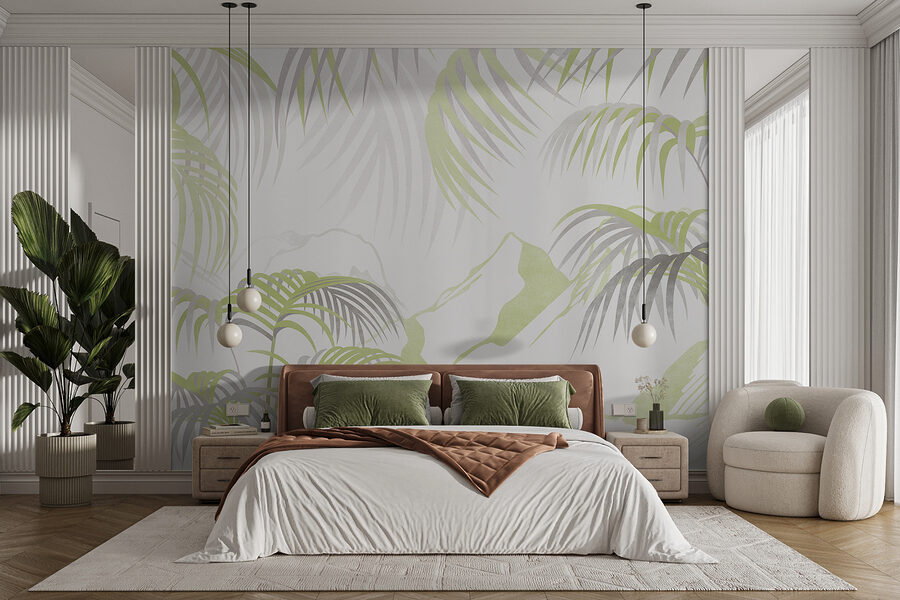 Papel de parede Um fundo branco e verde com folhas de palmeira