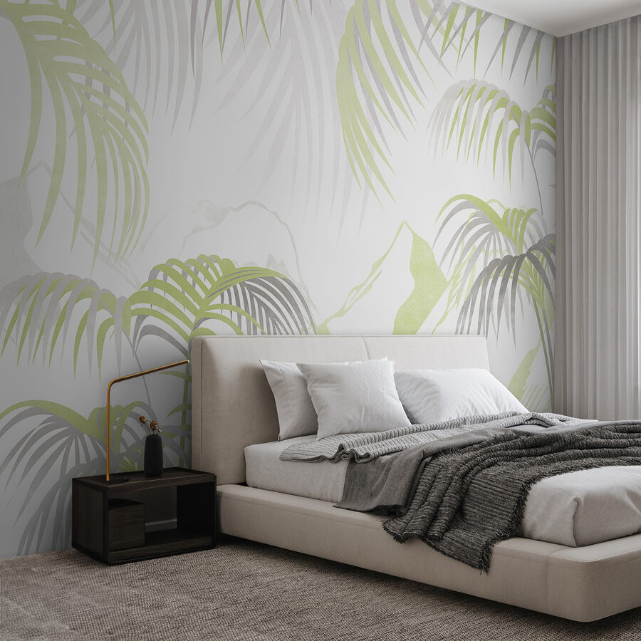 Papel de parede Um fundo branco e verde com folhas de palmeira - Image 2
