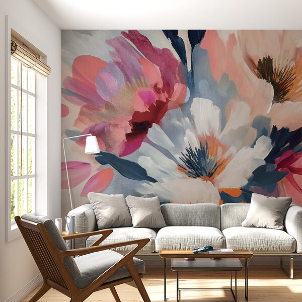 Uma pintura de flores num tecido Uma pintura de flores num tecido