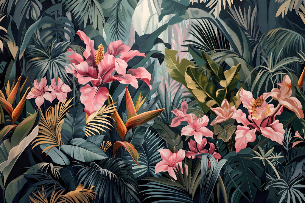 Um grande plano de flores e folhas Um grande plano de flores e folhas