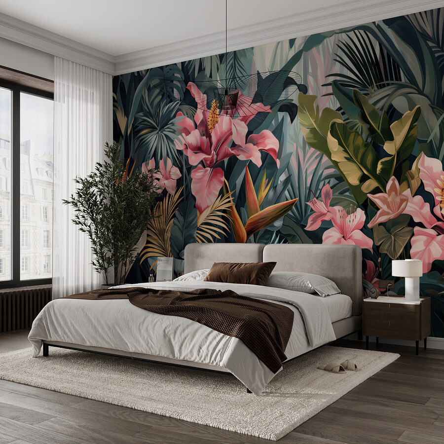 Um grande plano de flores e folhas Um grande plano de flores e folhas