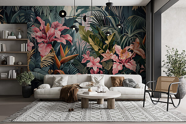 Um grande plano de flores e folhas Um grande plano de flores e folhas