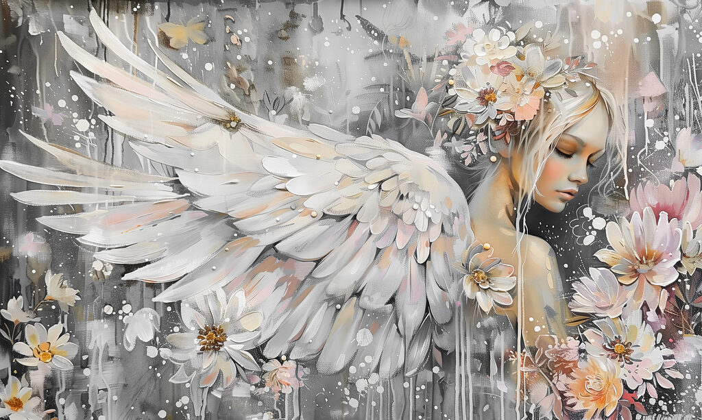 Uma pintura de uma mulher com asas e flores Uma pintura de uma mulher com asas e flores