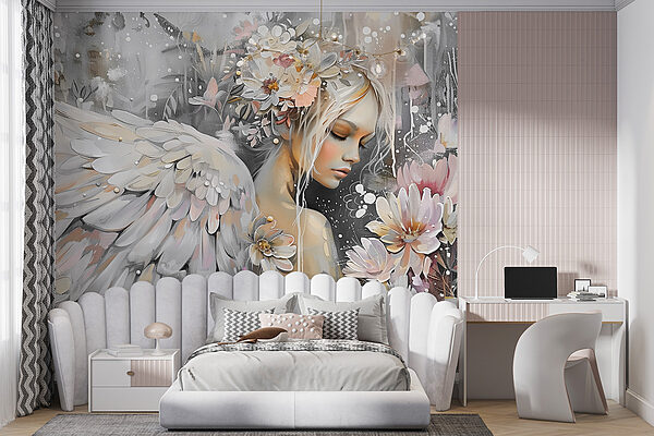 Uma pintura de uma mulher com asas e flores Uma pintura de uma mulher com asas e flores