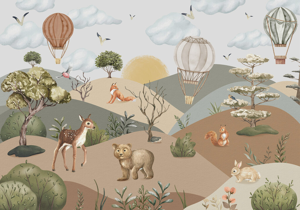 Uma paisagem com animais e balões de ar quente Uma paisagem com animais e balões de ar quente