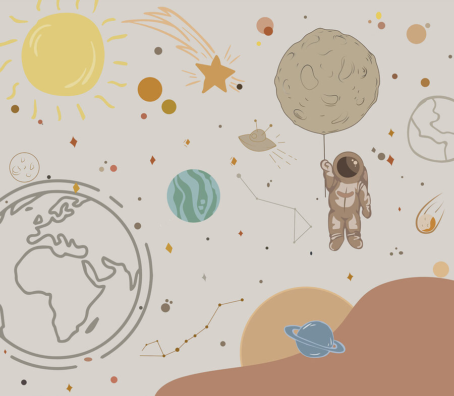 Um desenho animado de um astronauta a segurar um planeta no espaço Um desenho animado de um astronauta a segurar um planeta no espaço
