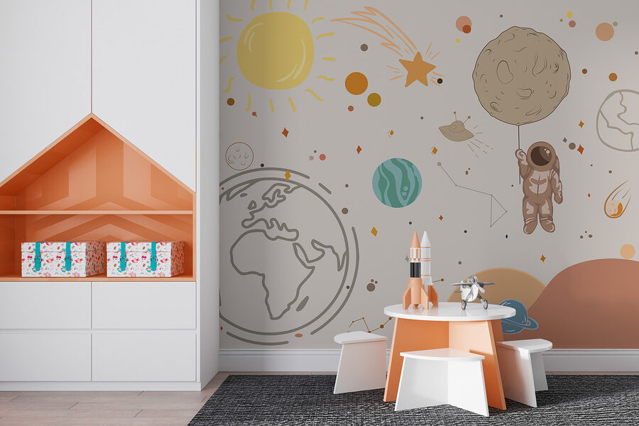 Um desenho animado de um astronauta a segurar um planeta no espaço Um desenho animado de um astronauta a segurar um planeta no espaço