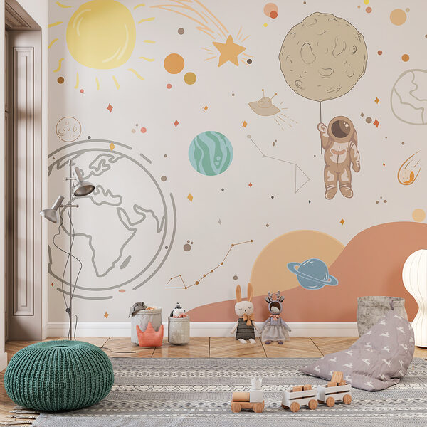 Um desenho animado de um astronauta a segurar um planeta no espaço Um desenho animado de um astronauta a segurar um planeta no espaço