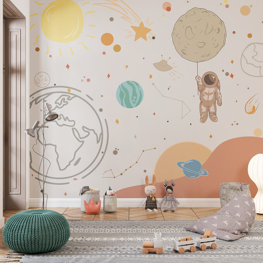 Um desenho animado de um astronauta a segurar um planeta no espaço Um desenho animado de um astronauta a segurar um planeta no espaço