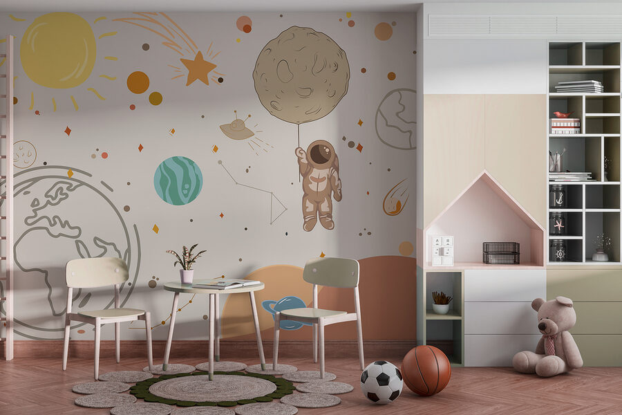 Um desenho animado de um astronauta a segurar um planeta no espaço Um desenho animado de um astronauta a segurar um planeta no espaço