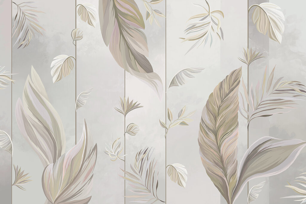Um papel de parede com folhas e flores Um papel de parede com folhas e flores