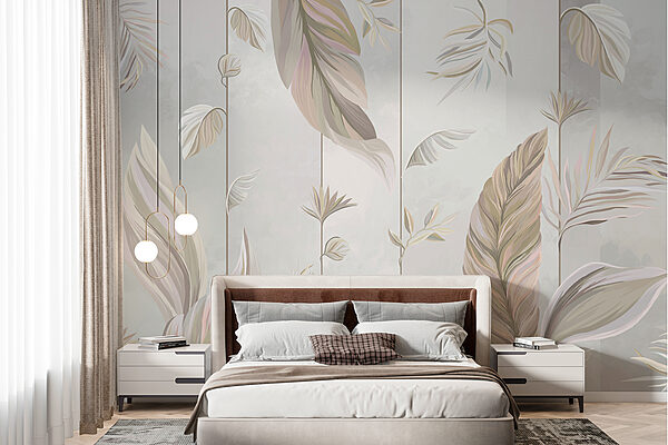 Um papel de parede com folhas e flores Um papel de parede com folhas e flores