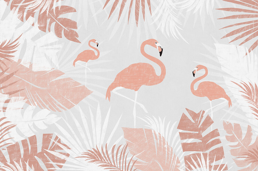 Um flamingos cor-de-rosa e folhas