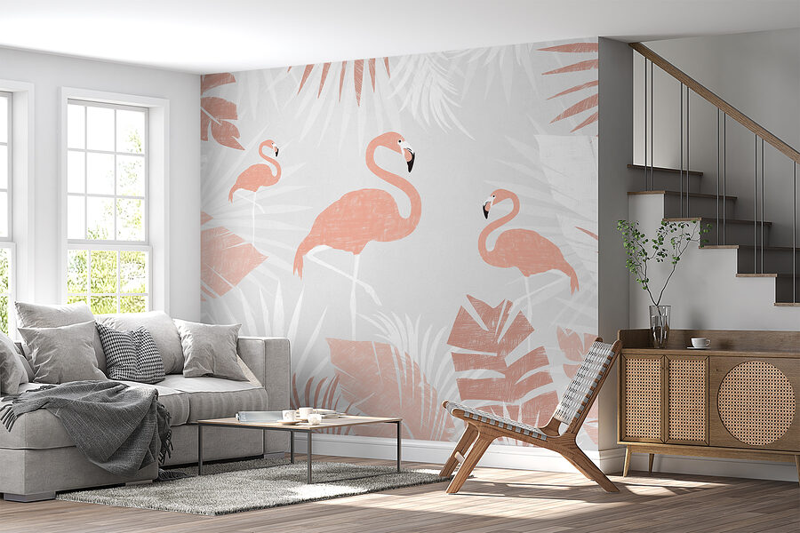 Um flamingos cor-de-rosa e folhas