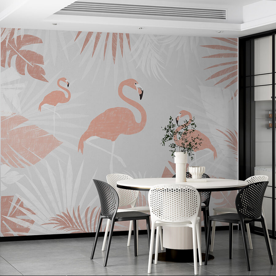Um flamingos cor-de-rosa e folhas