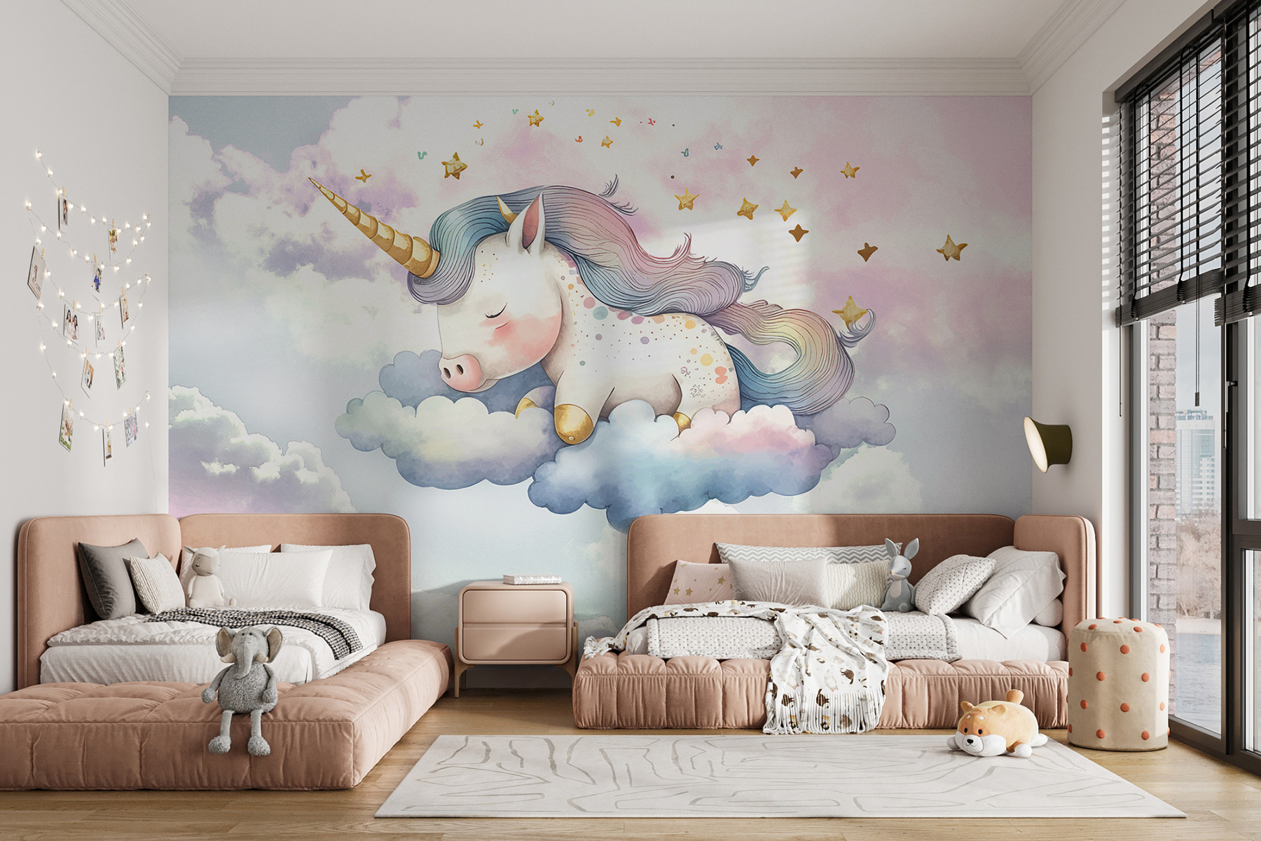 A unicorn sleeping on clouds