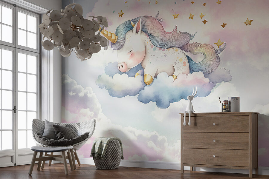 Um unicórnio a dormir nas nuvens