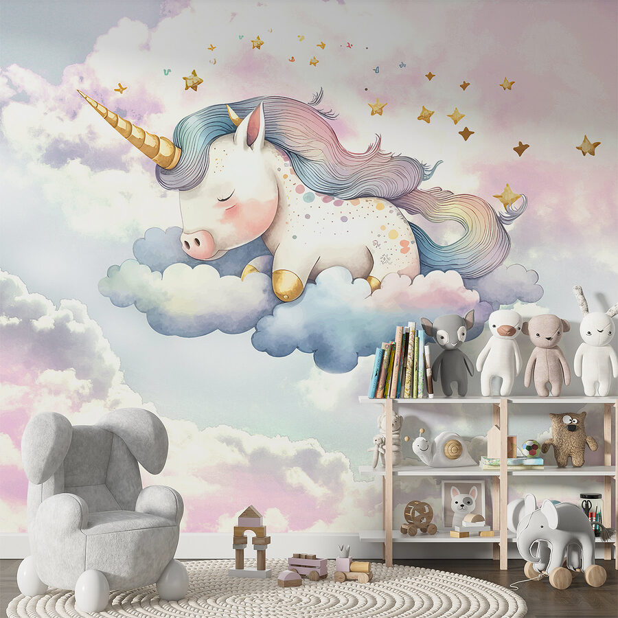 Um unicórnio a dormir nas nuvens