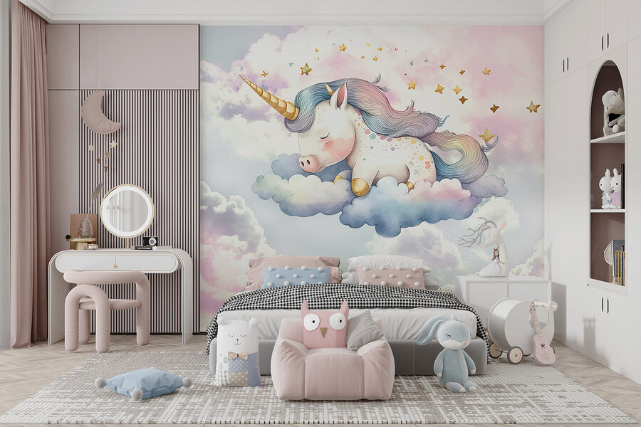 Um unicórnio a dormir nas nuvens