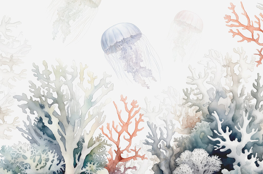 Um grupo de medusas e corais Um grupo de medusas e corais