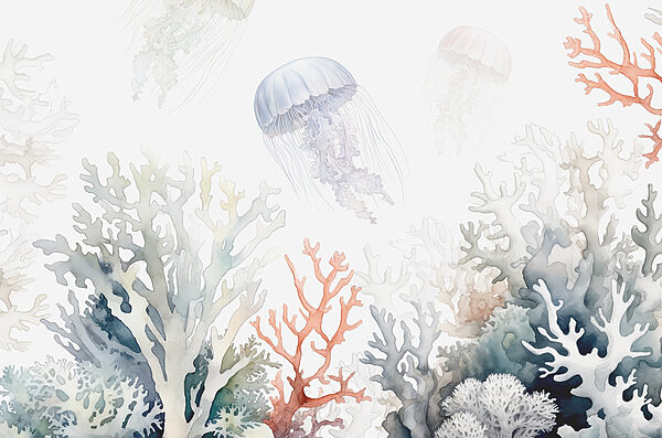 Um grupo de medusas e corais Um grupo de medusas e corais