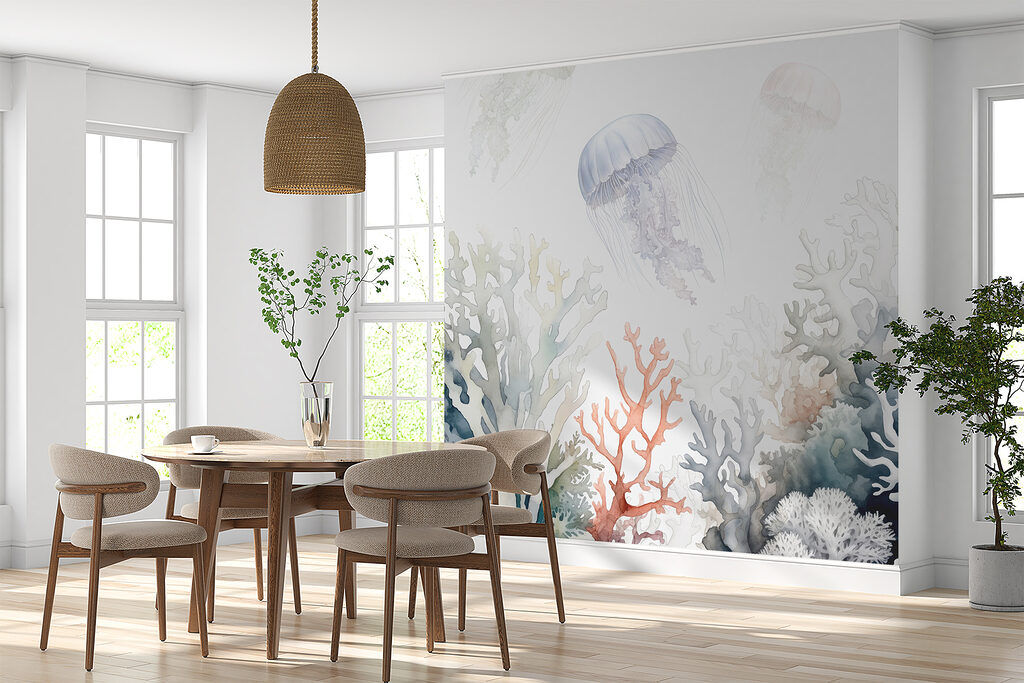 A group of jellyfish and corals