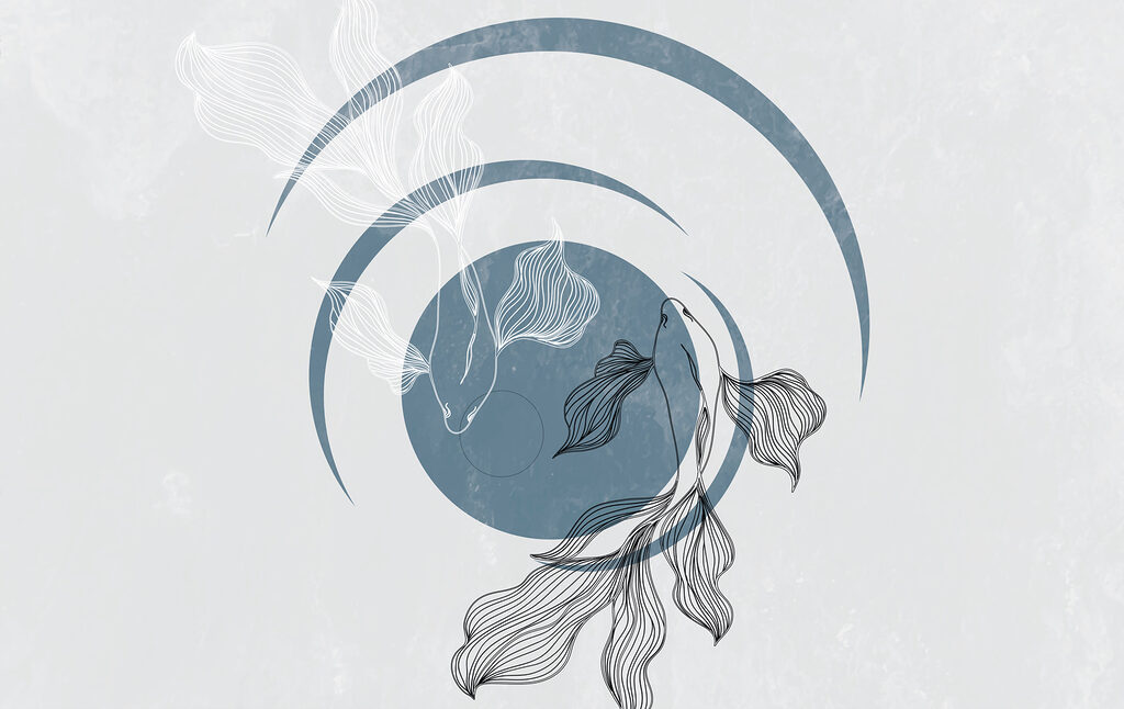 Um desenho de um peixe e de um círculo ondulado Um desenho de um peixe e de um círculo ondulado