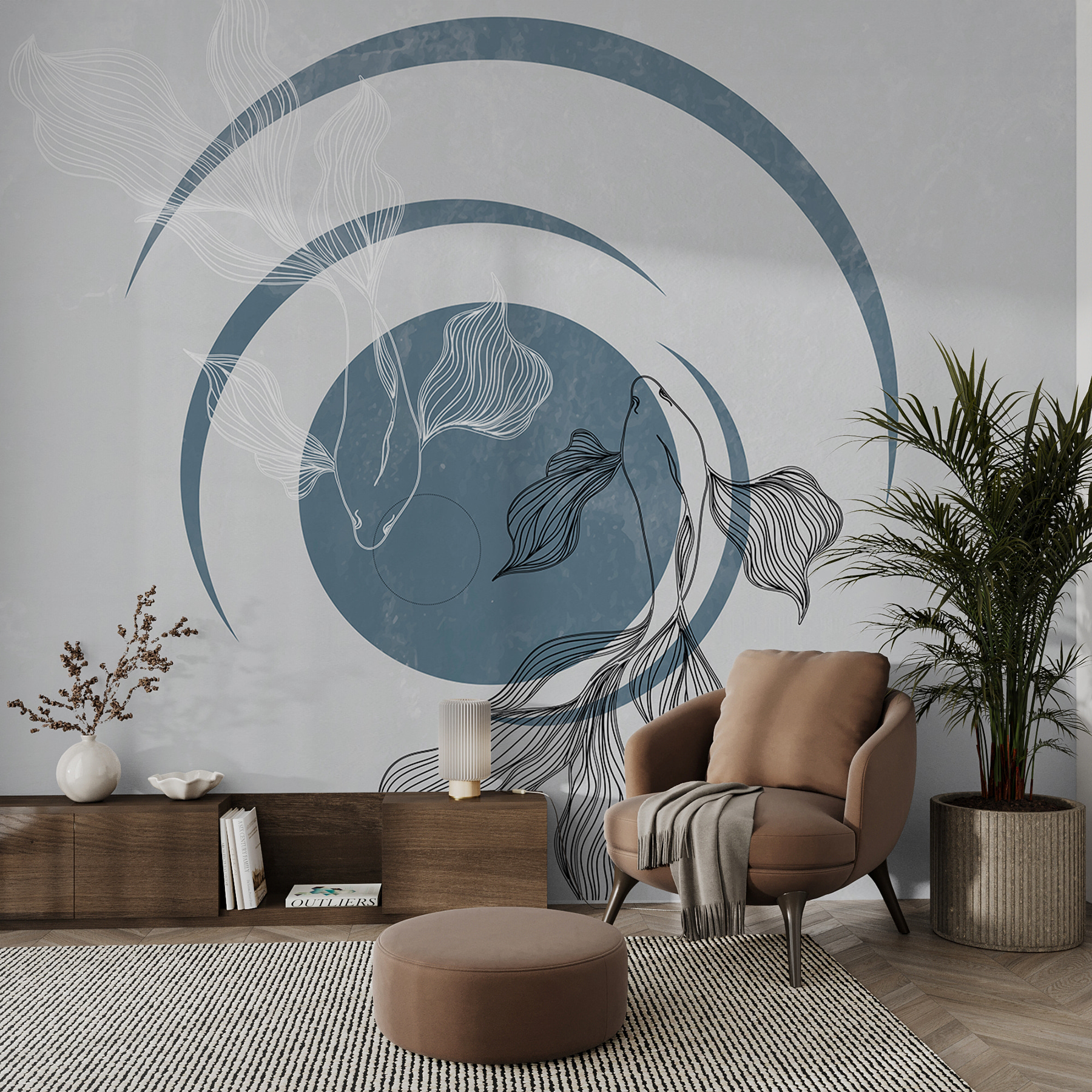 A drawing of a fish and a swirly circle A drawing of a fish and a swirly circle