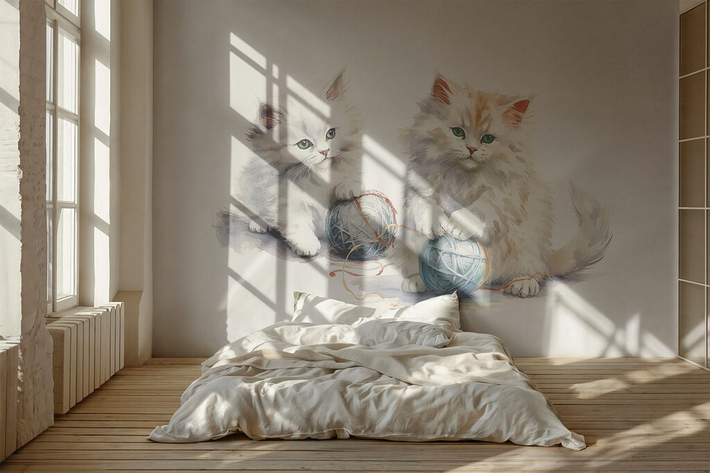 A watercolor of two kittens playing with yarn