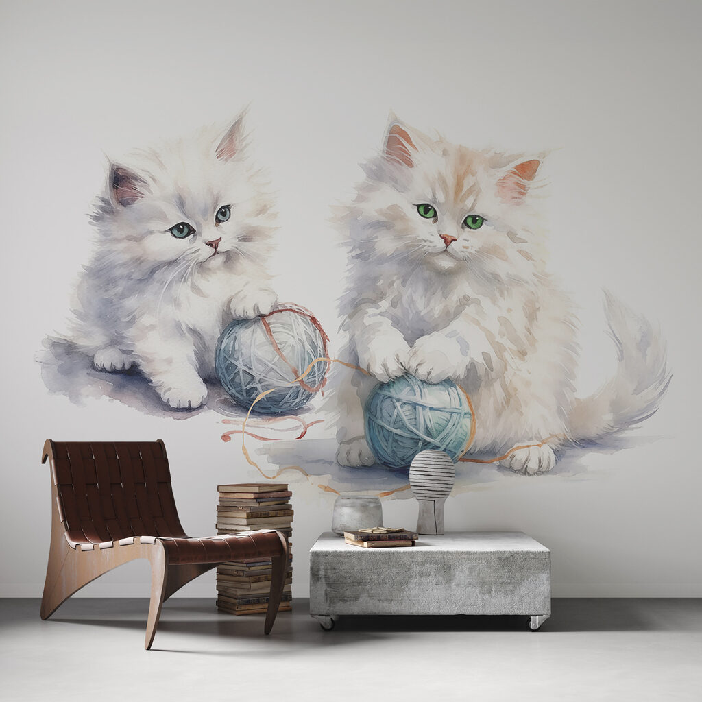 A watercolor of two kittens playing with yarn
