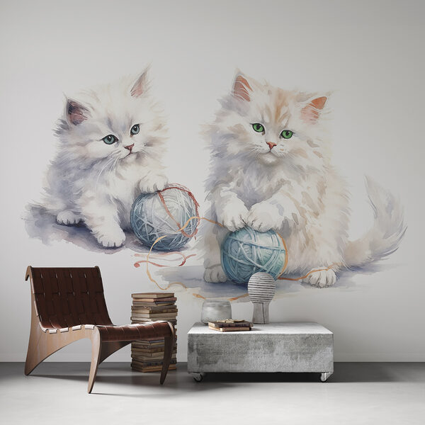 Uma aguarela de dois gatinhos a brincar com fios Uma aguarela de dois gatinhos a brincar com fios