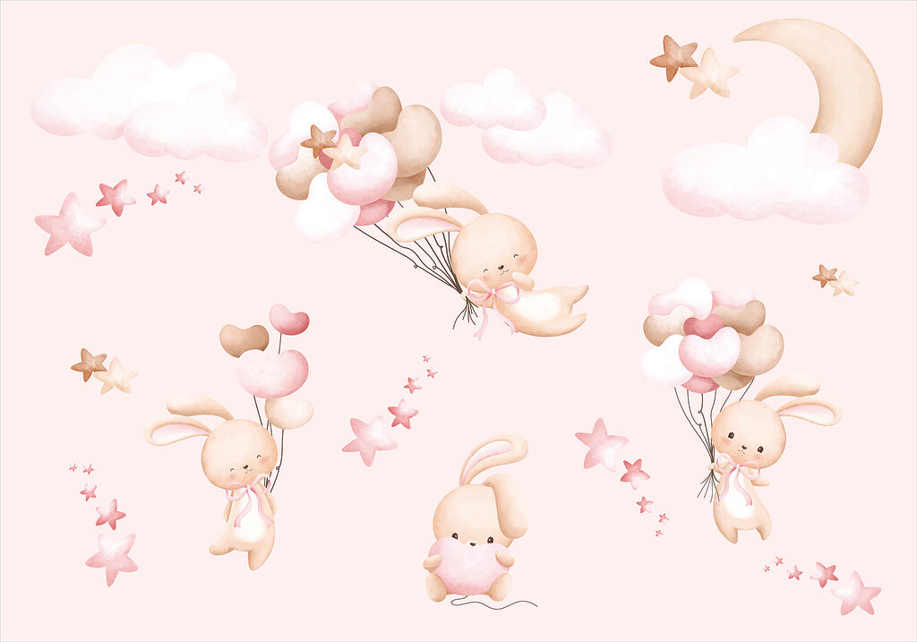 Um grupo de coelhinhos de desenhos animados a segurar balões w00864p 1024x717 - Um grupo de coelhinhos de desenhos animados a segurar balões