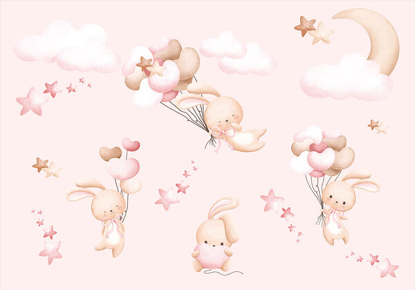 Um grupo de coelhinhos de desenhos animados a segurar balões w00864p 600x420 - Um grupo de coelhinhos de desenhos animados a segurar balões