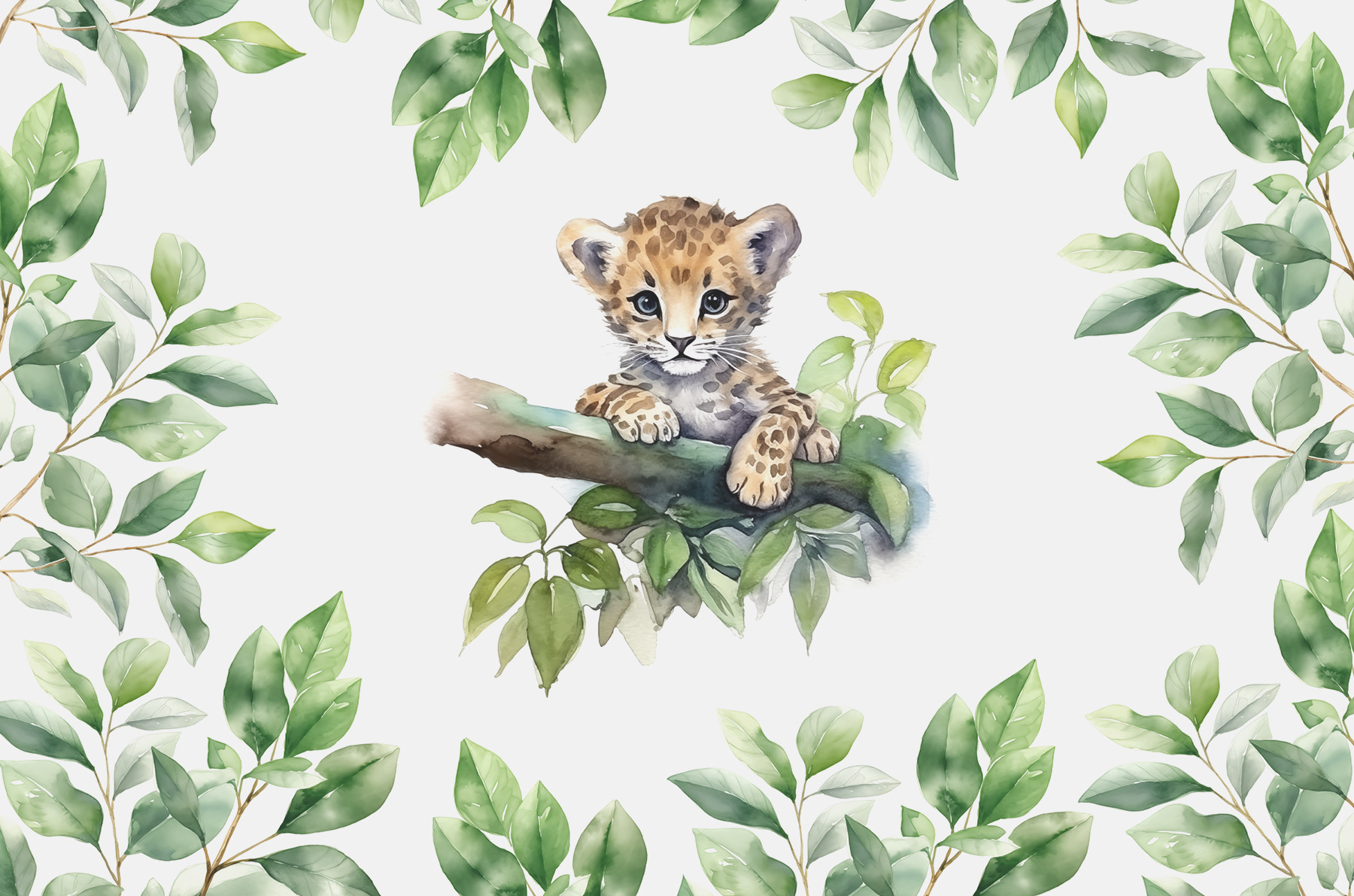 A watercolor of a baby leopard on a tree branch A watercolor of a baby leopard on a tree branch