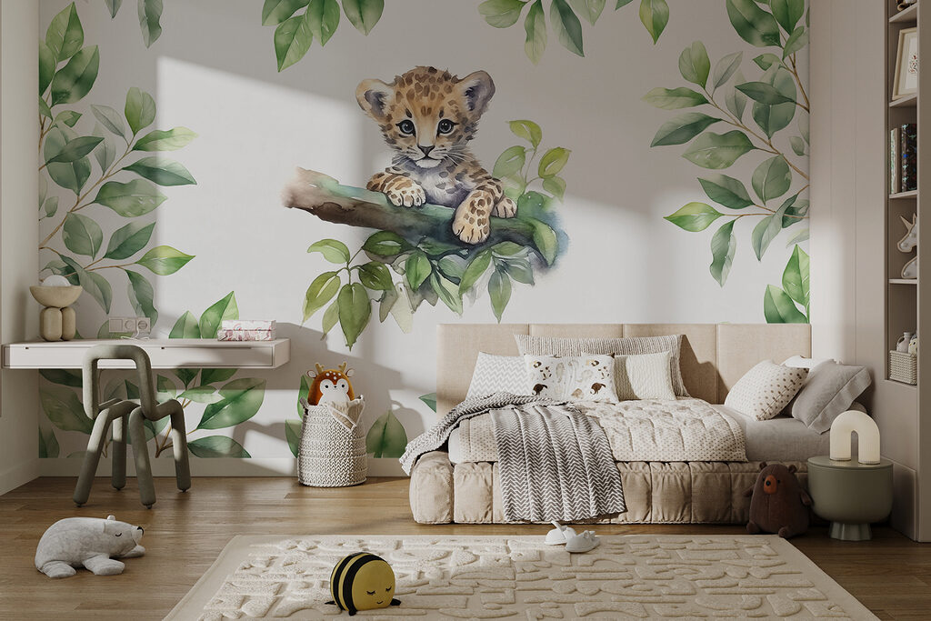 A watercolor of a baby leopard on a tree branch A watercolor of a baby leopard on a tree branch
