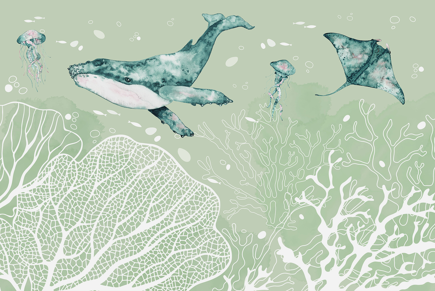 A whale and stingrays swimming in the ocean A whale and stingrays swimming in the ocean