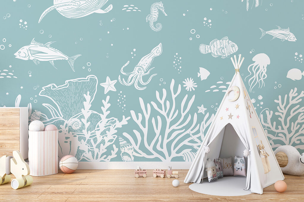 A white outline of sea animals