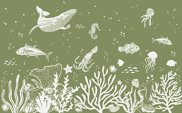 A sea life drawing on a green background